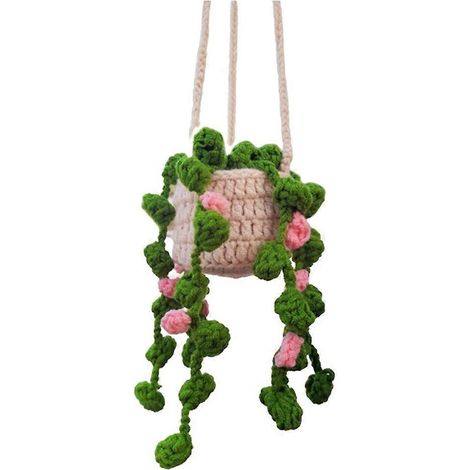 Rückspiegel-Anhänger, niedliche Topfpflanzen, Haken, Autospiegel, handgestrickte Pflanzen-Hängeornamente (1/5)