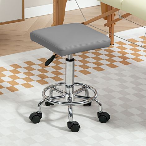 Sgabello girevole regolabile con sedile imbottito, poggiapiedi e ruote per soggiorno e officina, 34x34x50-66 cm, grigio (1/5)