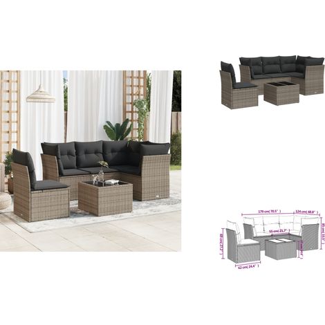 6-tlg. Garten-Sofagarnitur mit Kissen Grau Poly Rattan - Gartenmöbel Set - PE-Rattan Möbel - Outdoor Sofa - Esstisch - Lounge Garnitur (1/3)