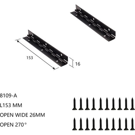 (8109A-L153W26 2 pièces) Charnière pour meubles de piano, ouverture à 270°, longueur L380 mm x L153 mm, épaisseur 1 mm, en fer noir, vis incluses (1/5)