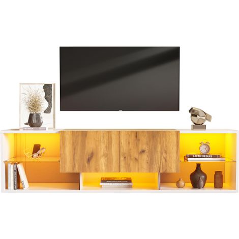 Meuble TV à trois niveaux : Compatible avec les téléviseurs jusqu'à 70 pouces — un meuble multimédia de style moderne doté d'étagères en verre et de deux tiroirs — un excellent choix de console TV pou (1/4)