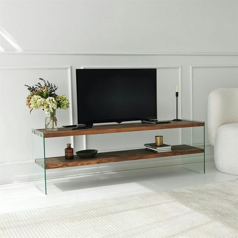 Banc TV en bois brun et verre - 2 niveaux, 140 cm LHASA (1/5)