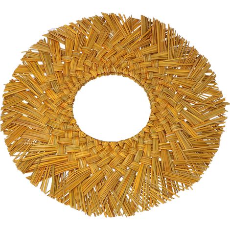 Miroir rond suspendu en paille tressée style rétro nordique, doré jaune pour décoration murale