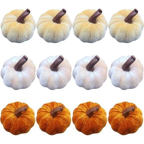 Citrouille En Mousse - Velours - Tige En Résine Dorée - Décor Automnal Pour Couronnes Tables Cheminées - Lot De 12 (1/5)