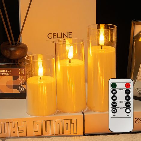 Lot de 3 bougies LED blanches sans flamme (10/12/15 cm) - Flamme dansante réaliste + télécommande 10 boutons - Bougie décorative anti-goutte / Bougie d'ambiance électrique - Idéale pour la maison, les