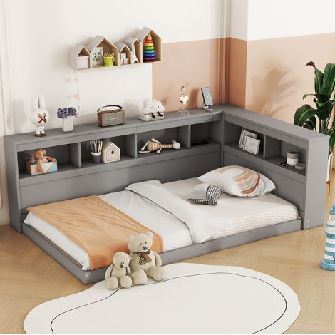 Lit simple 90x200 avec rangements et prises USB gris HAVRYA (1/5)
