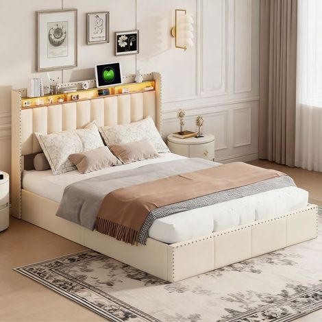 Letto 140x190 - POCKETPOP - Velluto bianco sporco - Testiera con LED e USB - Struttura del letto con rete a doghe - 2 posti