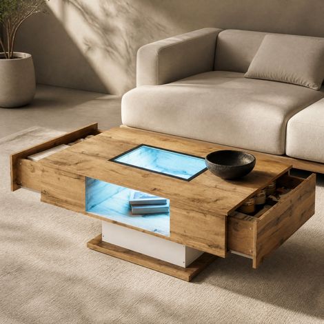 Tavolino da caffè LED multicolore con piano in vetro, 2 cassetti, 110,2 x 60 x 39,7 cm DESVIAE (1/5)