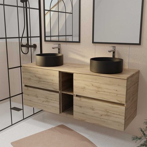 Mobile Bagno 140 cm TIMBER Effetto Rovere - 4 Cassetti e Modulo - Lavabi Nieri Ø36cm