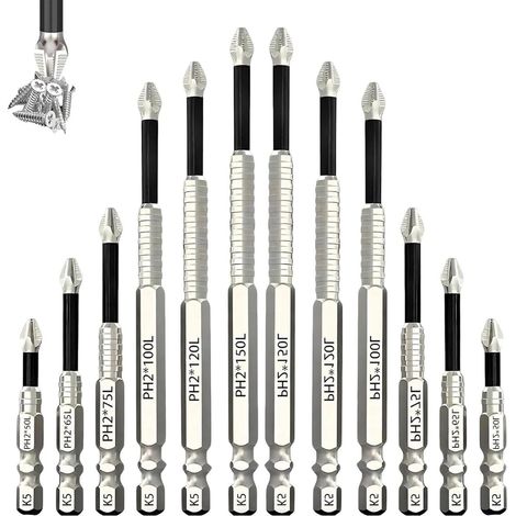 Ensemble de 12 pièces comprenant un tournevis et une perceuse magnétiques, une perceuse antidérapante K5, un tournevis et une perceuse magnétiques PH2, en acier inoxydable durable et ergonomique, et 1 (1/5)