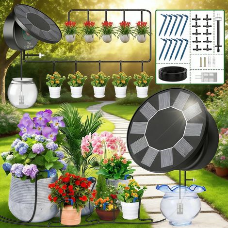 Irrigation à goutte solaire automatique, nouveau kit d'irrigation de couverture de toit 5V 1.2W pour l'usine de jardin de balcon intérieur et extérieur, programmeur d'irrigation avec tuyau d'irrigatio (1/5)