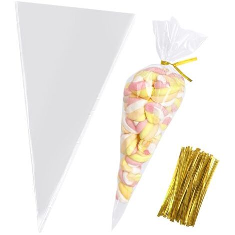 PA Kegelförmige Leckerlibeutel, 16 x 30 x 100 kegelförmige, durchsichtige Zellophan-Leckerlibeutel, dreieckige konische Plastiktüten für Leckereien, Popcorn-Geschenk, Süßigkeiten, 100 Stück (1/4)
