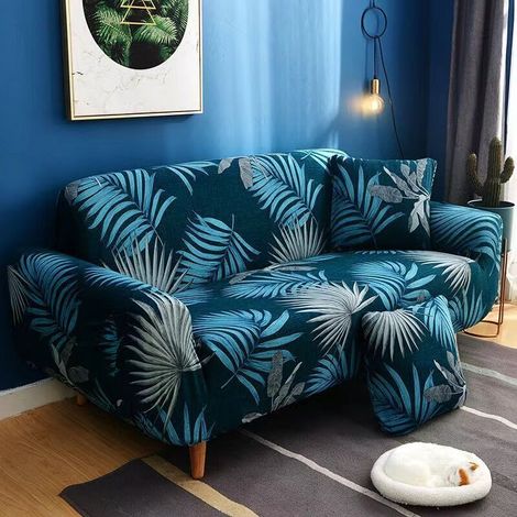 Housse de canapé 2 places, 140-180 cm, moderne avec accoudoirs, universelle, élastique, housse de protection, bleu/noir (1/4)