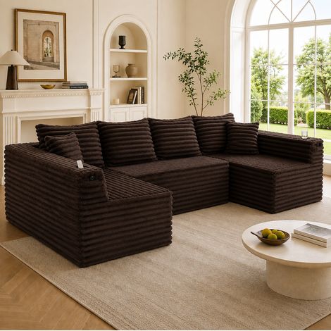 Sofá modular en U 320x155x88 cm marrón de pana con portavasos y bolsillos laterales (1/5)