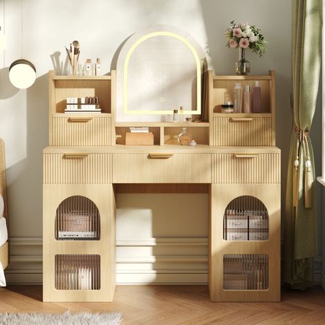 Coiffeuse 120 x 40 x 139,5 cm – Miroir LED, 3 tiroirs, 2 vitrines verre, étagères, MDF naturel – Station beauté élégante et lumineuse (1/5)