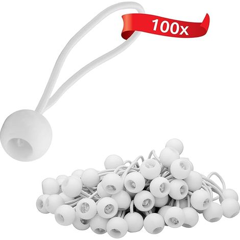 100 Tendeurs élastiques avec Boule en Plastique, Crochets élastiques, élastiques de Tente pour Les bâches, pavillon de Jardin, tentes, Tension élevée Blanc (1/5)
