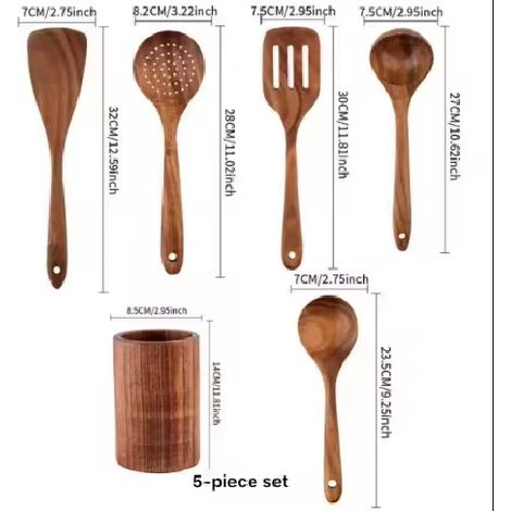 ustensiles de cuisine en bois de teck avec lot de 9 (1/4)