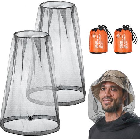 2 Pack Tête de Moustique Net, Filet de Tête Anti-moustiques avec Sac de Transport, Protection Contre Les Insectes Moustiquaire de Tete, Mosquito Head Net pour Apiculteur Camping Extérieur, Noir (1/5)