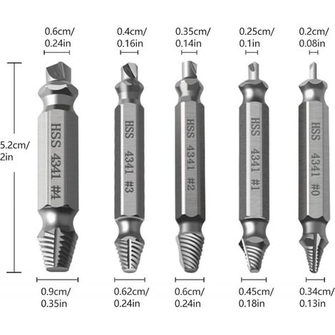 Extracteur de vis professionnel 5 pièces, extracteurs de vis endommagés, acier rapide, pour vis défectueuses, boulons et broches métalliques (argent) (1/3)