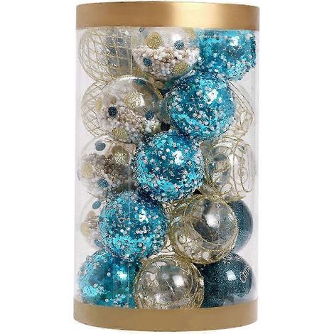 25 boules de Noël, 6 cm, décorations incassables, peintes en bleu et or. (1/5)