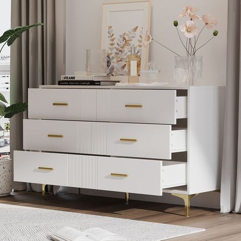 Commode en MDF blanc à 6 tiroirs, façades ondulées et pieds surélevés, 120x40x76 cm (1/5)