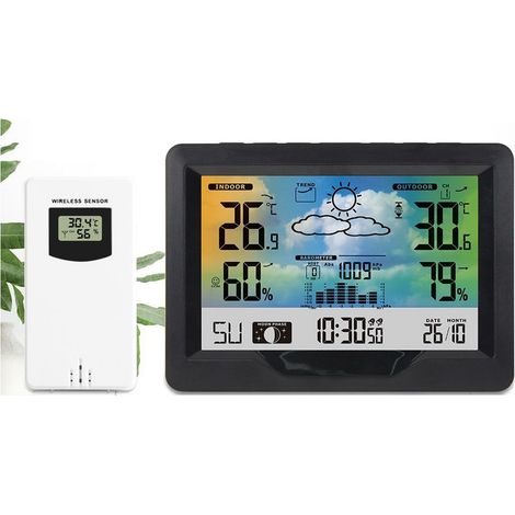 Farbige Wetterstation, kabellose Innen-/Außen-Wetterstation mit Sensor, Thermometer, Hygrometer, Temperatur- und Feuchtigkeitsmesser – Schwarz (1/5)