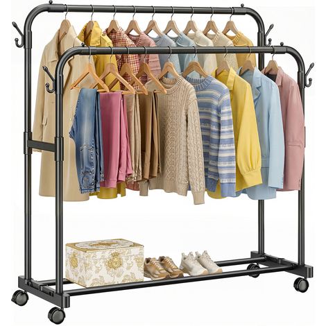 Klyvvo Portant Vetement Solide à Roulettes avec 4 Crochets & Anti-dérapant Belle texture - Portant à Vêtements Double Tringle - Porte-vêtements Penderie Vetement Dressing pour Pulls - Manteaux - Chemi