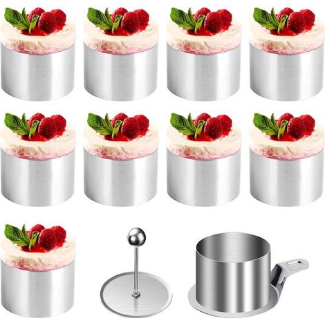 Ensemble de 10 cercles à pâtisserie - Diamètre 8 cm - Moule à mousse en acier inoxydable - Comprend un poussoir et une spatule - Ustensiles de cuisson compatibles four et lave-vaisselle - Convient pou