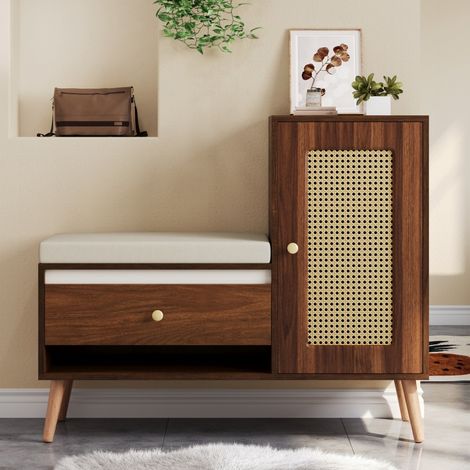 Banc à Chaussures avec Rotin et Coussin de Siège - 95,5x35x80,5 cm - Meuble d'Entrée avec Tiroirs et Placard - Noyer (1/5)