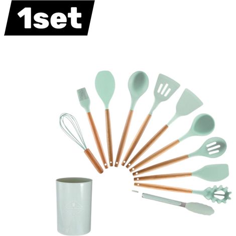 Ensemble de 12 ustensiles de cuisine en silicone alimentaire avec manches en bois clair et boîte de rangement pour poêles antiadhésives vert clair (1/5)