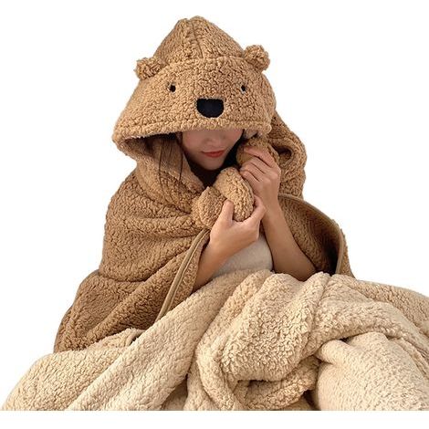 Couverture d'hiver à capuche, épaisse, douce et chaude, en peluche, pour enfants et adultes, marron, 120 x 123 cm (1/5)
