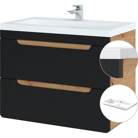 Waschtischunterschrank 81 cm mit Keramik-Waschtisch NEW-LUTON seidenmatt anthrazit mit Wotan Eiche Nb. B/H/T ca. 81/63/46 cm (1/5)