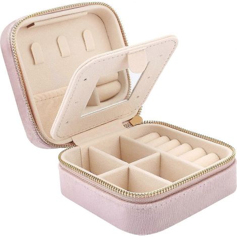 Mini étui à bijoux de voyage en velours avec miroir, boîte de rangement pour bijoux de voyage, petit organisateur de bijoux pour bagues, boucles d'oreilles, colliers et bracelets, épingle (1/5)