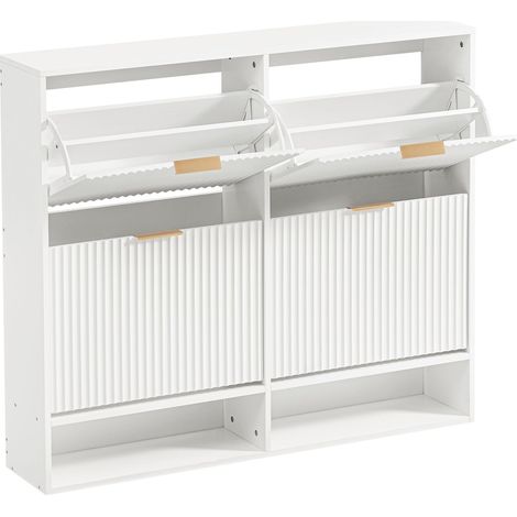 Meuble à chaussures 120 x 24 cm avec façade rainurée – réglable en hauteur avec protection anti-basculement et plateau décoratif pour l’entrée, en blanc (1/5)