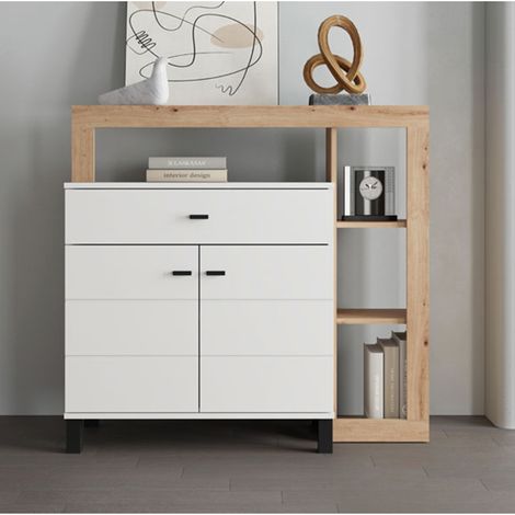 Credenza Banos, Madia un Cassetto, 5 Ripiani, Apertura Battente, Scorrevole, 106x35x101h cm Bianco (1/5)