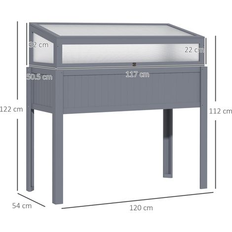 Potager surélevé en bois avec châssis froid, serre 2 en 1 pour tomates et légumes, polycarbonate gris, 120 x 54 x 112/122 cm (1/5)