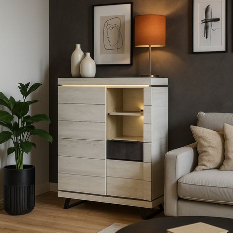 Argentier-bar contemporain chêne blanchi + LED 125cm GILDA (1/4)