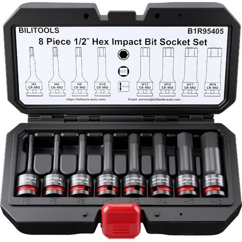 Jeu Lot de 8 Douilles Embout Allen 1/2 H5-H19, embouts hexagonaux à choc en acier Cr-Mo, douilles monobloc pour outil auto (1/4)