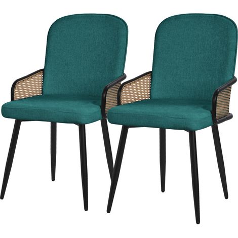 ML-Design Esszimmerstühle 2er Set Petrol mit Stoffbezug, Küchenstuhl mit Rattan Optik-Armlehnen, Gepolsterte Stühle mit Stahlgestell, Sessel ergonomisch, Polsterstühle Akzentstühle für Esszimmer Küche