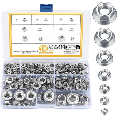 190 Pcs Écrous à Bride Hexagonaux Acier Inox M3-M12 (1/5)