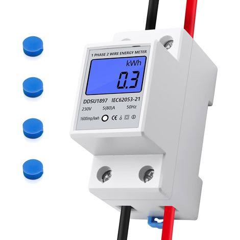 Compteur Electrique Monophasé Rail DIN 220V 5(80) A, Sous Compteur Electrique LCD Rétroéclairé 50/60Hz, Mesure Consommation kWh Tension Courant (1/5)