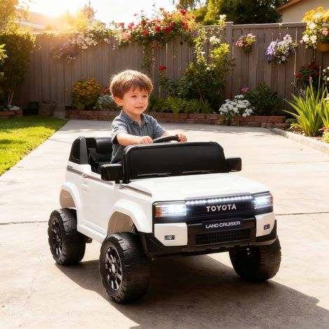 TOYOTA Land Cruiser Elektro-Kinderauto für Kinder von 3–8 Jahren, 12 V, 3–5 km/h, mit zwei Motoren, Federung, Fernbedienung, 3-Punkt-Sicherheitsgurt, Bluetooth, USB, Musik, Scheinwerfern, Weiß