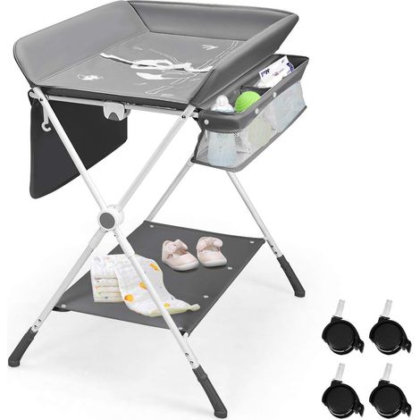COSTWAY 4 IN 1 klappbarer Baby Wickeltisch & Badestation & Schuhregal & Waeschestaender, Wickelkombination hoehenverstellbar, Wickelkombi mit austauschbaren Rollen und Aufbewahrungskorb Grau (1/5)