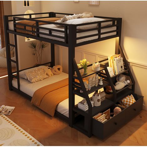 Letto a castello moderno 90x200 cm in legno e metallo nero con LED, ripiani, 2 cassetti in tessuto e scala (1/5)