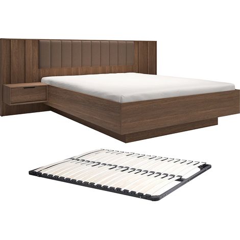 Lit avec chevets 160 x 200 cm et tête de lit en tissu - Coloris : Naturel foncé et marron + Sommier - KALSIYA (1/5)
