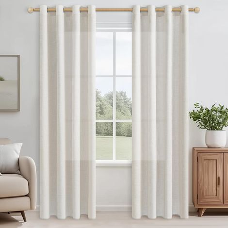 Rideau Voilage en Lin Translucide pour Salon Moderne 140x220 CM Lot de 2 Panneaux de Rideaux Voilages Intérieurs à Oeillets Rideau Voile Ivoire Blanc pour Porte Fenetre Chambre Adulte (1/5)