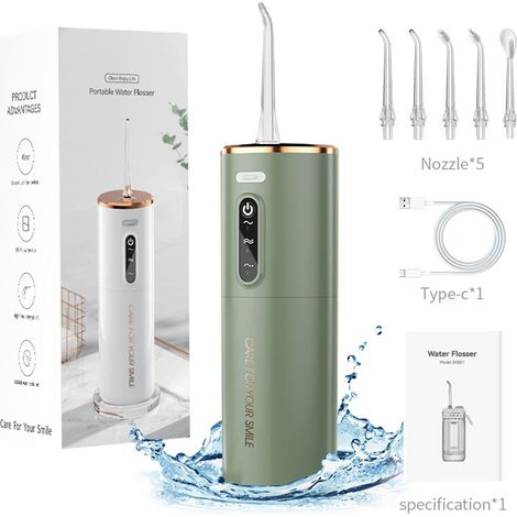 Irrigateur buccal électrique portable vert rétro amélioré, nettoyeur dentaire à impulsions pour éliminer le tartre usage quotidien (1/5)