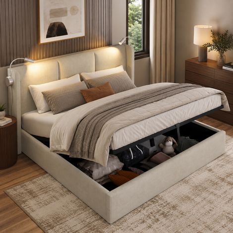 Lit coffre 160x200 cm avec lampe et USB, cadre de lit plateform avec sommier à lattes en bois, lit double capitonné modernité chambres à coucher, sans matelas, beige (1/5)