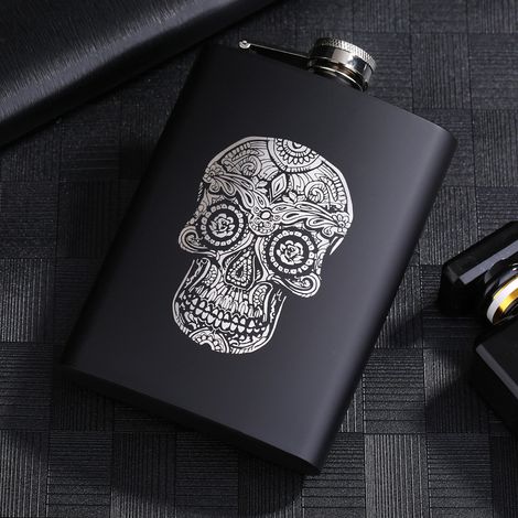8-Unzen-Whiskyflasche, matt schwarz, tragbarer Krug, Edelstahlflasche für Reisen im Freien, 1862844WT Skull A (1/5)
