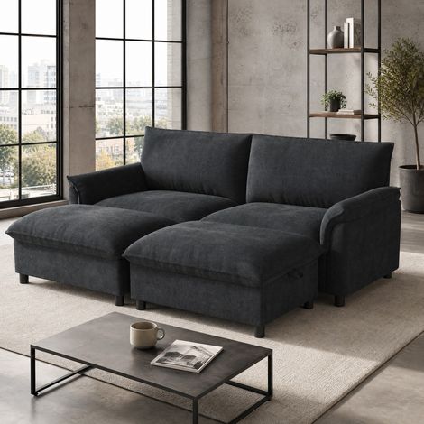 Sofá modular convertible en cama (216x77x82 cm), con reposapiés móvil y almacenaje oculto, chenilla negro (1/5)
